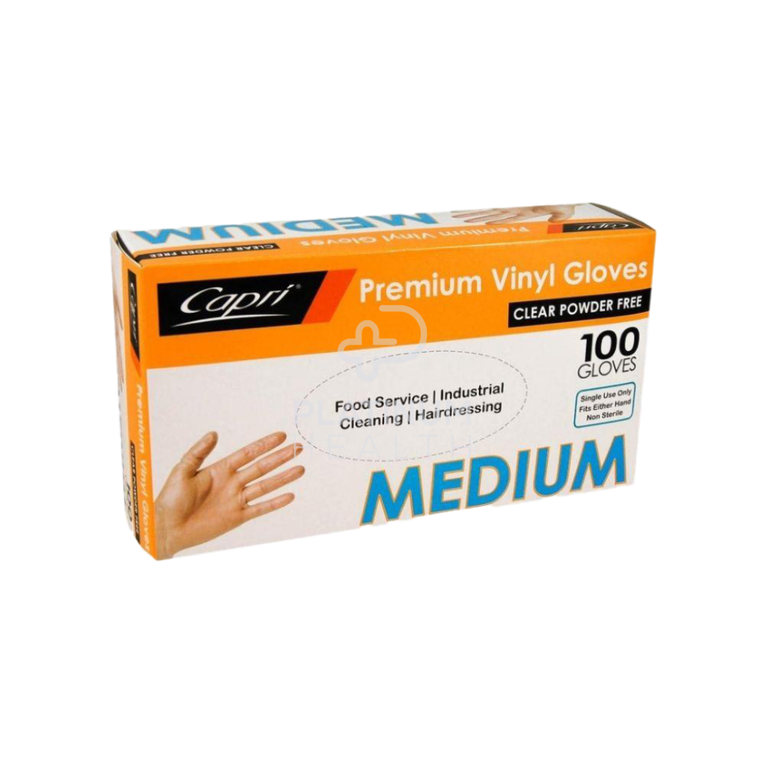 Capri Premium Clear Powder Free Vinyl Gloves Medium / 10 Boxes Per Carton Occupational