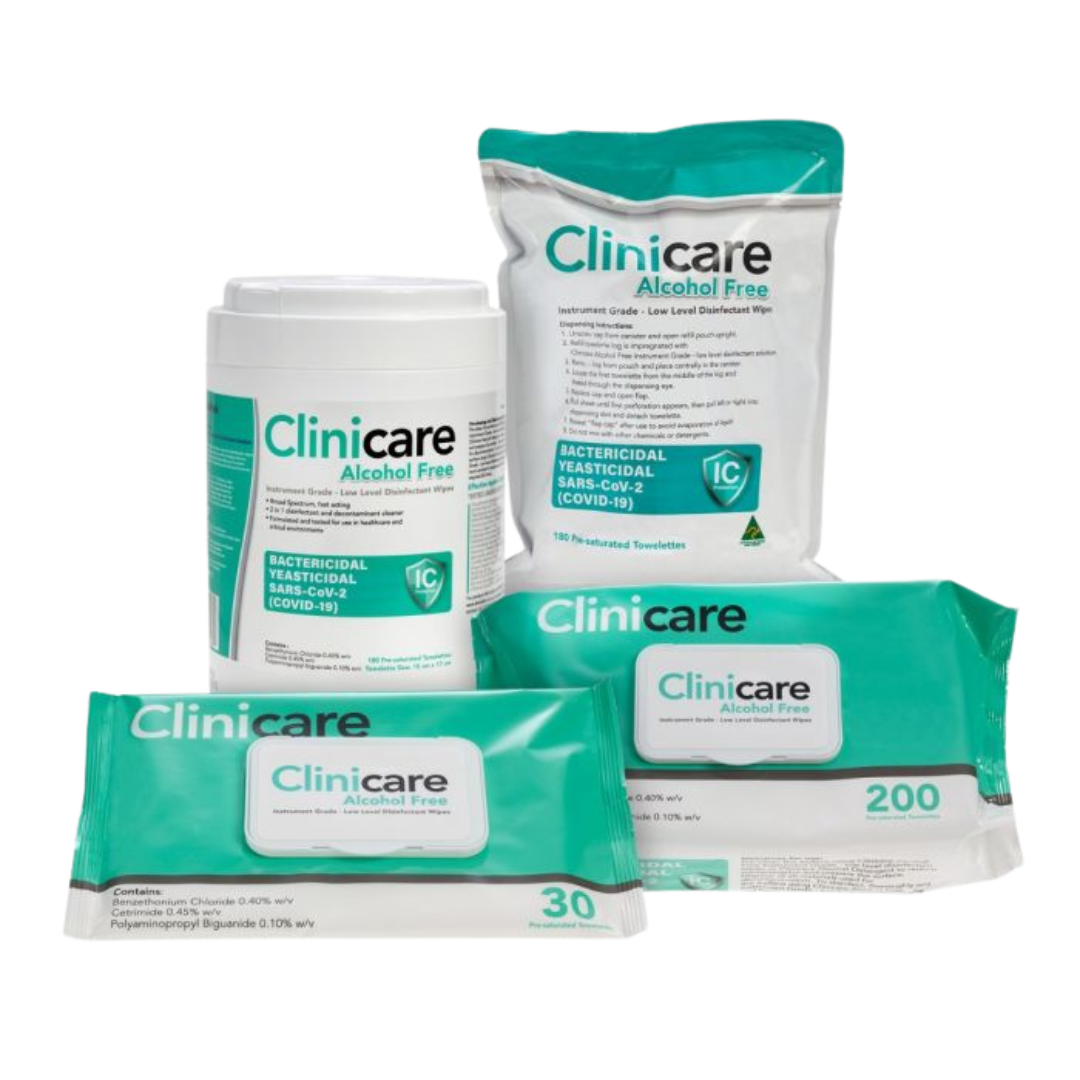 Clinicare Alcohol Free Instrument Grade Disinfectant Wipe in soft pack, designed for safe, non-alcohol surface disinfection in hospitals, aged care, and medical environments.