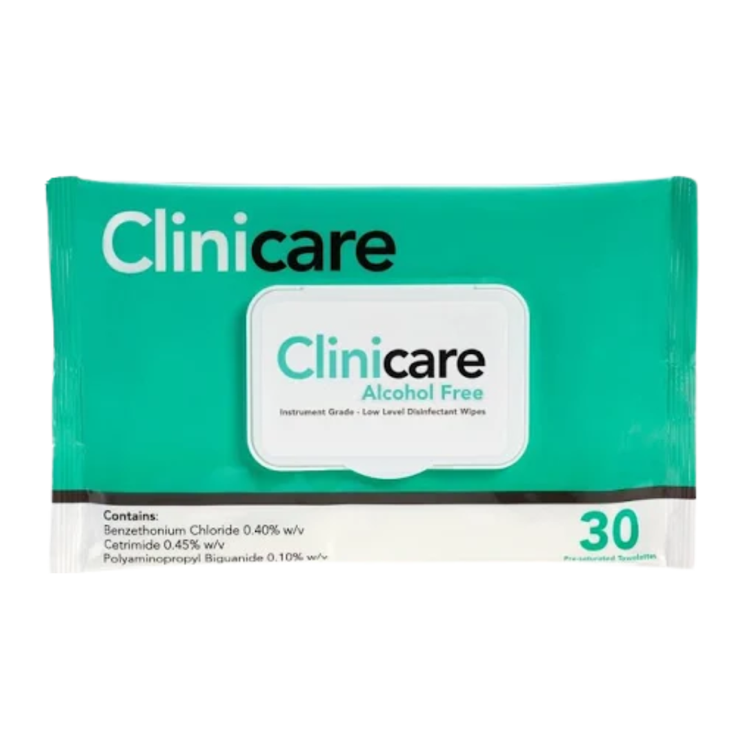 Clinicare Alcohol Free Instrument Grade Disinfectant Wipe in soft pack, designed for safe, non-alcohol surface disinfection in hospitals, aged care, and medical environments.