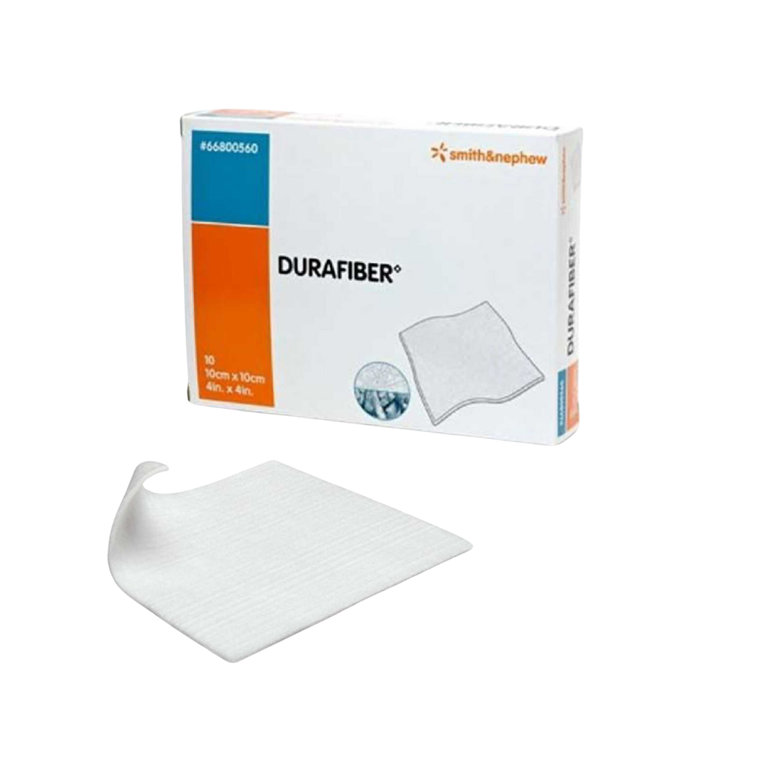 Durafiber 10x10cm wound dressing shown as a strong, absorbent gelling fibre dressing designed for moderate to heavy exudate and clean, intact removal.