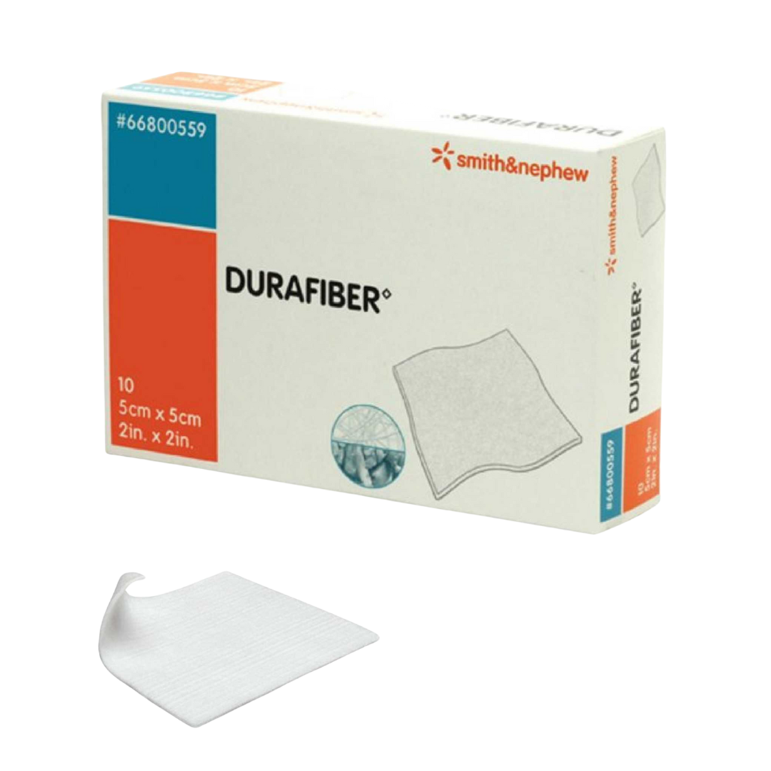 Durafiber wound dressing 5x5cm shown as an absorbent gelling fibre dressing designed for moderate to heavy exudate and strong, intact removal performance.
