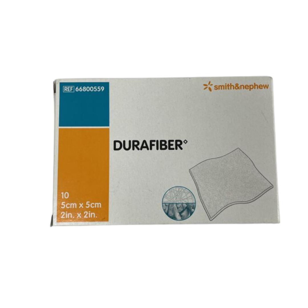 Durafiber wound dressing 5x5cm shown as an absorbent gelling fibre dressing designed for moderate to heavy exudate and strong, intact removal performance.