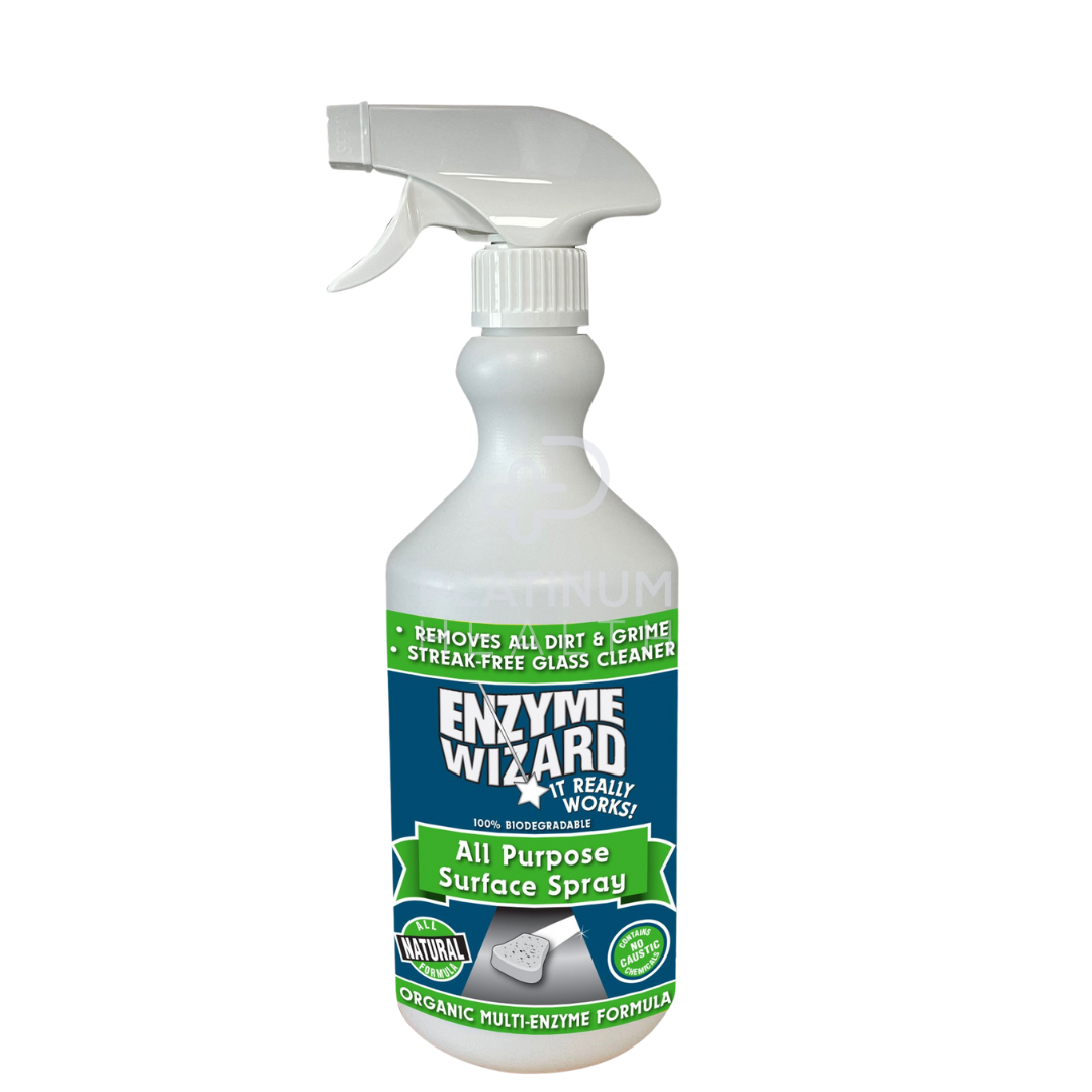 A white spray bottle with a label that reads 'Enzyme Wizard All Purpose Surface Spray'. The label includes green accents and an indication that the product is organic.