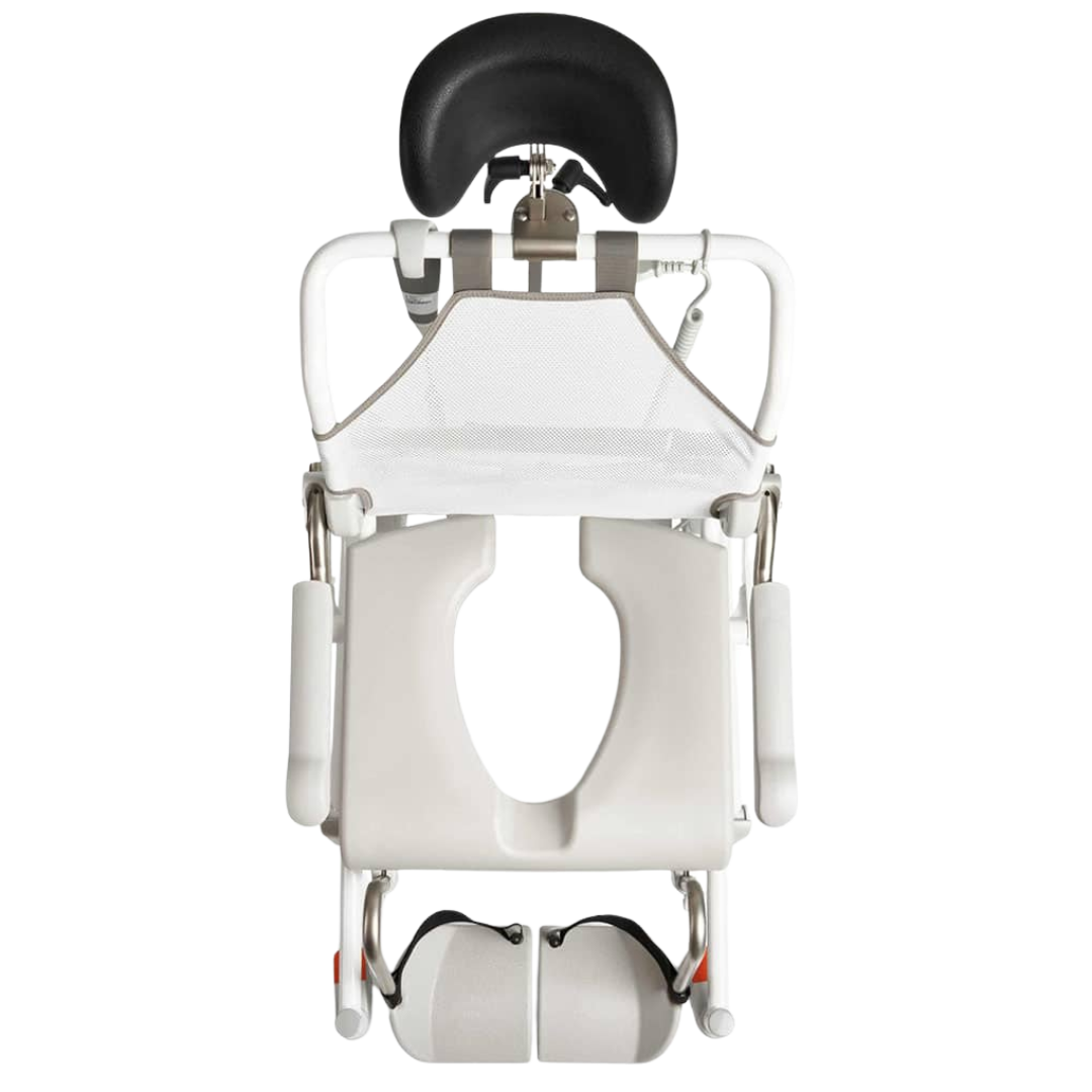 Etac Alto Electronic Shower Commode with Pan Holder – height-adjustable mobile commode chair for safe toileting and showering.