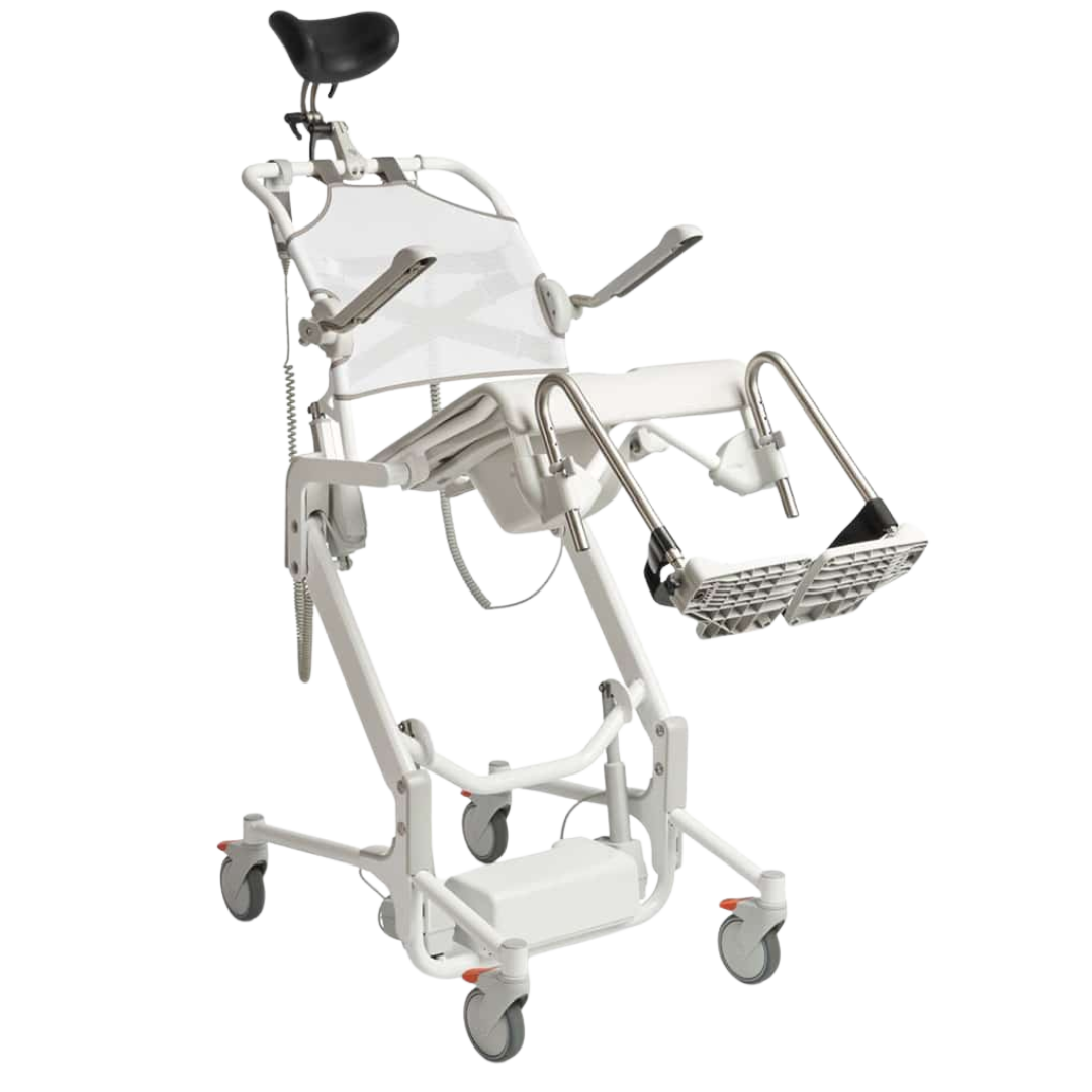 Etac Alto Electronic Shower Commode with Pan Holder – height-adjustable mobile commode chair for safe toileting and showering.
