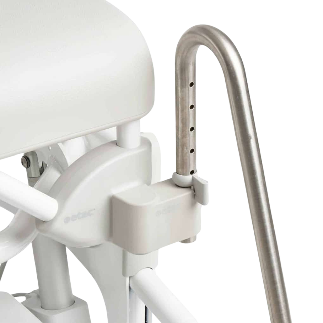 Etac Alto Electronic Shower Commode with Pan Holder – height-adjustable mobile commode chair for safe toileting and showering.