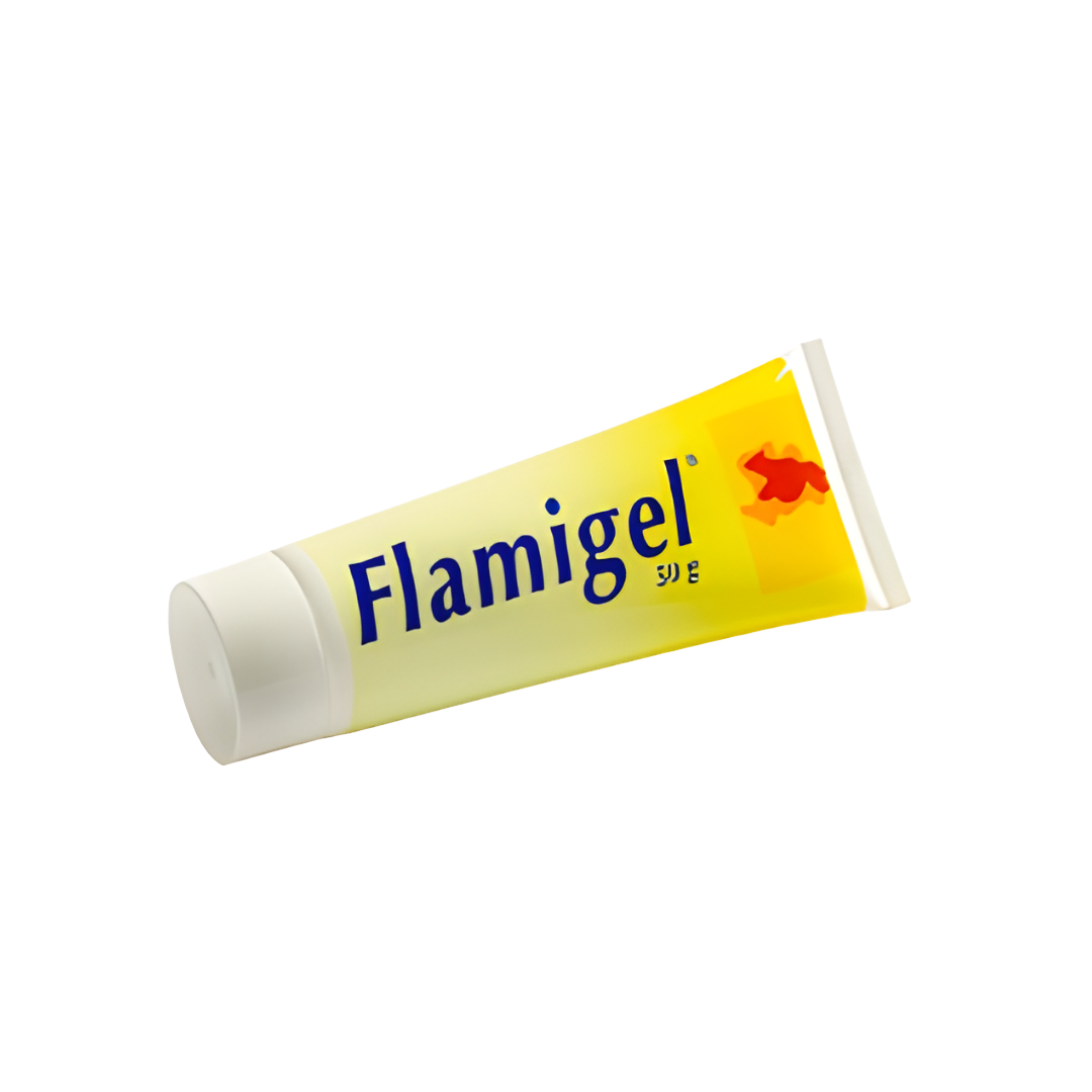 Tube of Flamigel hydro-active wound care gel, designed to promote faster healing, relieve minor burns, and minimise scarring for cuts, abrasions, and superficial skin injuries.