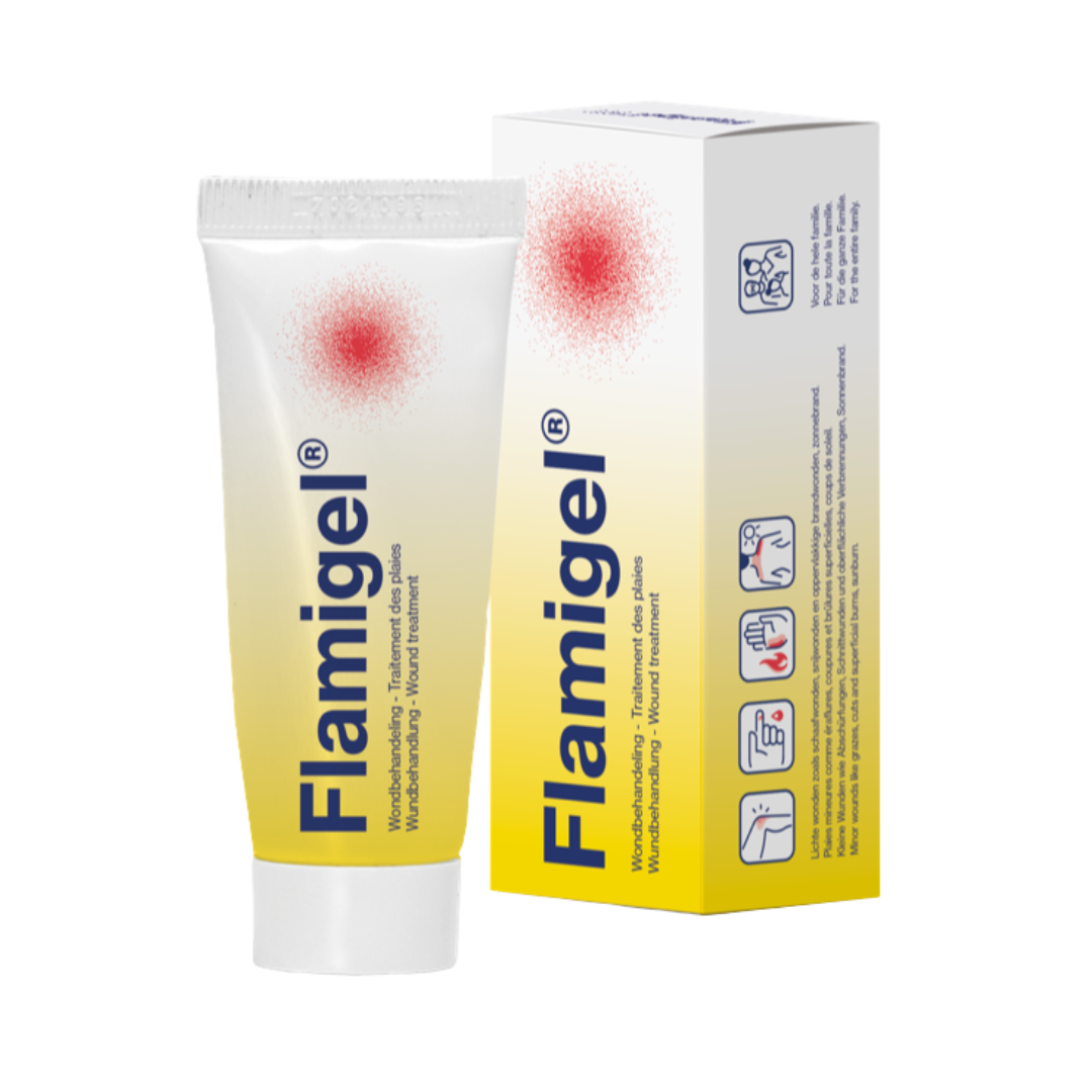 Tube of Flamigel hydro-active wound care gel, designed to promote faster healing, relieve minor burns, and minimise scarring for cuts, abrasions, and superficial skin injuries.