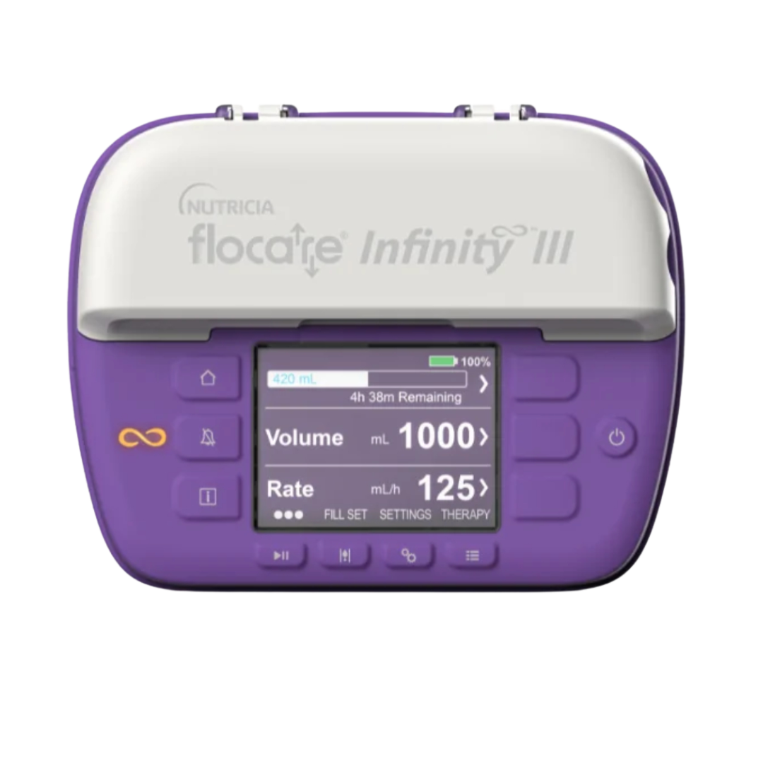 Flocare Infinity III Feeding Pump – Portable enteral feeding pump with personalised therapy modes, colour display, and advanced safety features.