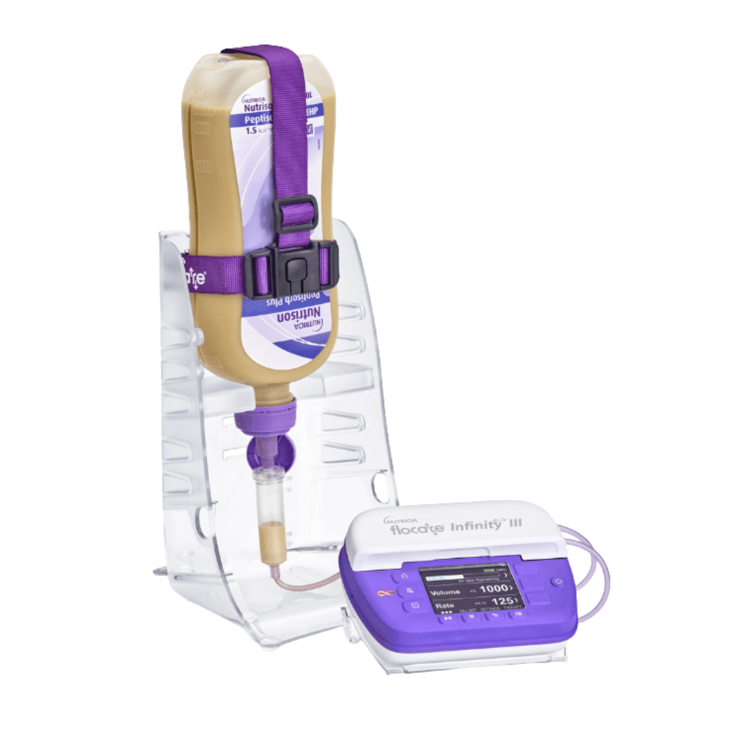 Flocare Infinity Universal Frame – portable support frame for feeding pump and bottle, with clamp system for beds, wheelchairs, and trolleys.