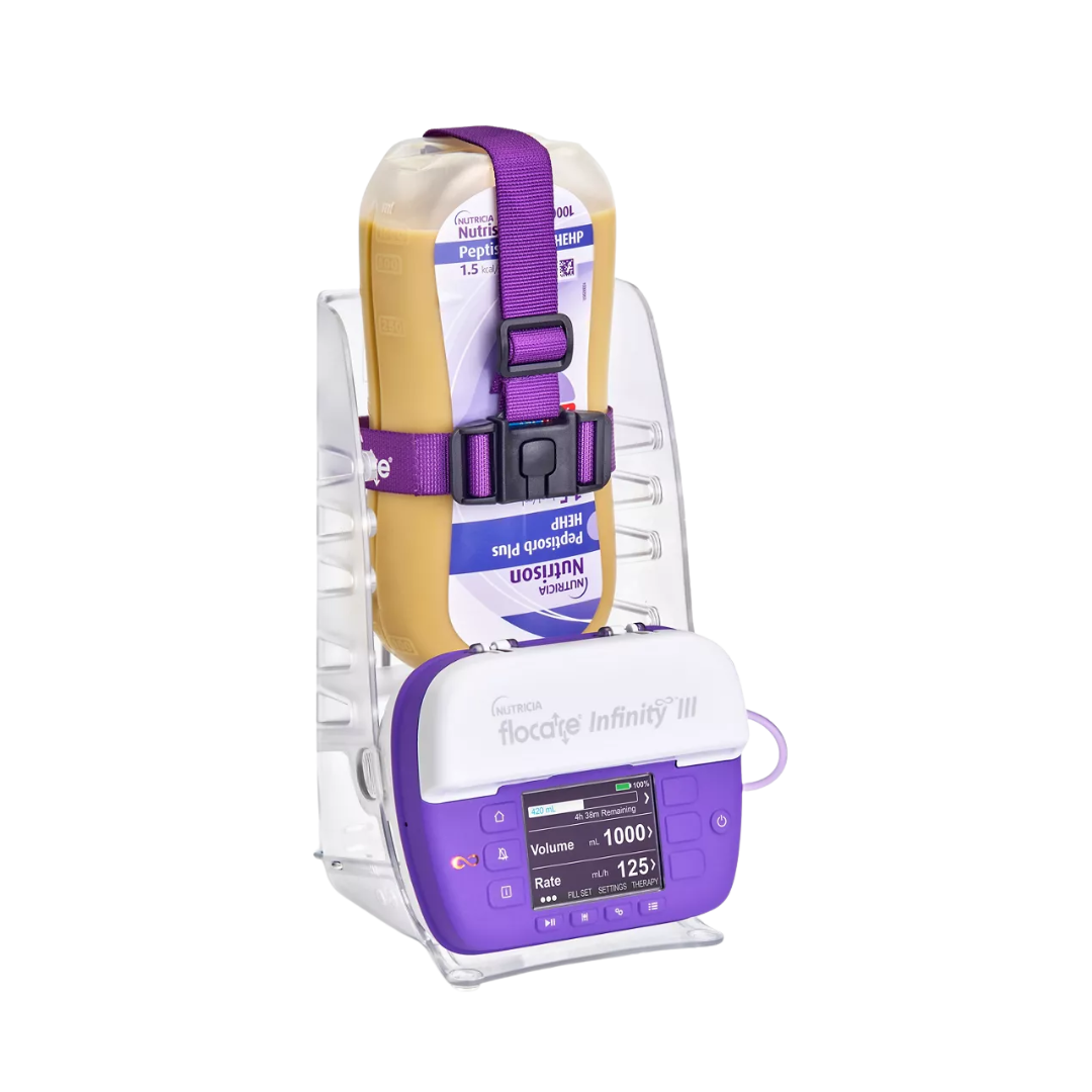 Flocare Infinity Universal Frame – portable support frame for feeding pump and bottle, with clamp system for beds, wheelchairs, and trolleys.