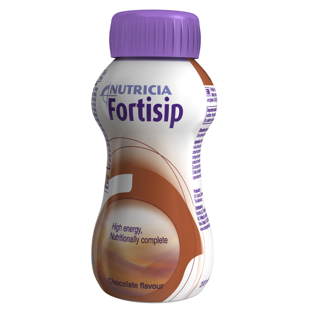 Fortisip Chocolate 200ml high-calorie nutrition drink bottle – complete supplement for energy and recovery support.