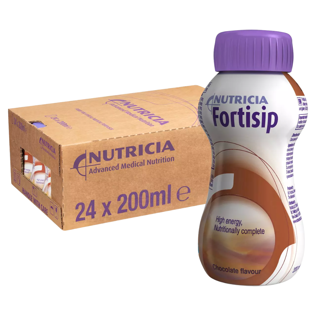 Fortisip Chocolate 200ml high-calorie nutrition drink bottle – complete supplement for energy and recovery support.