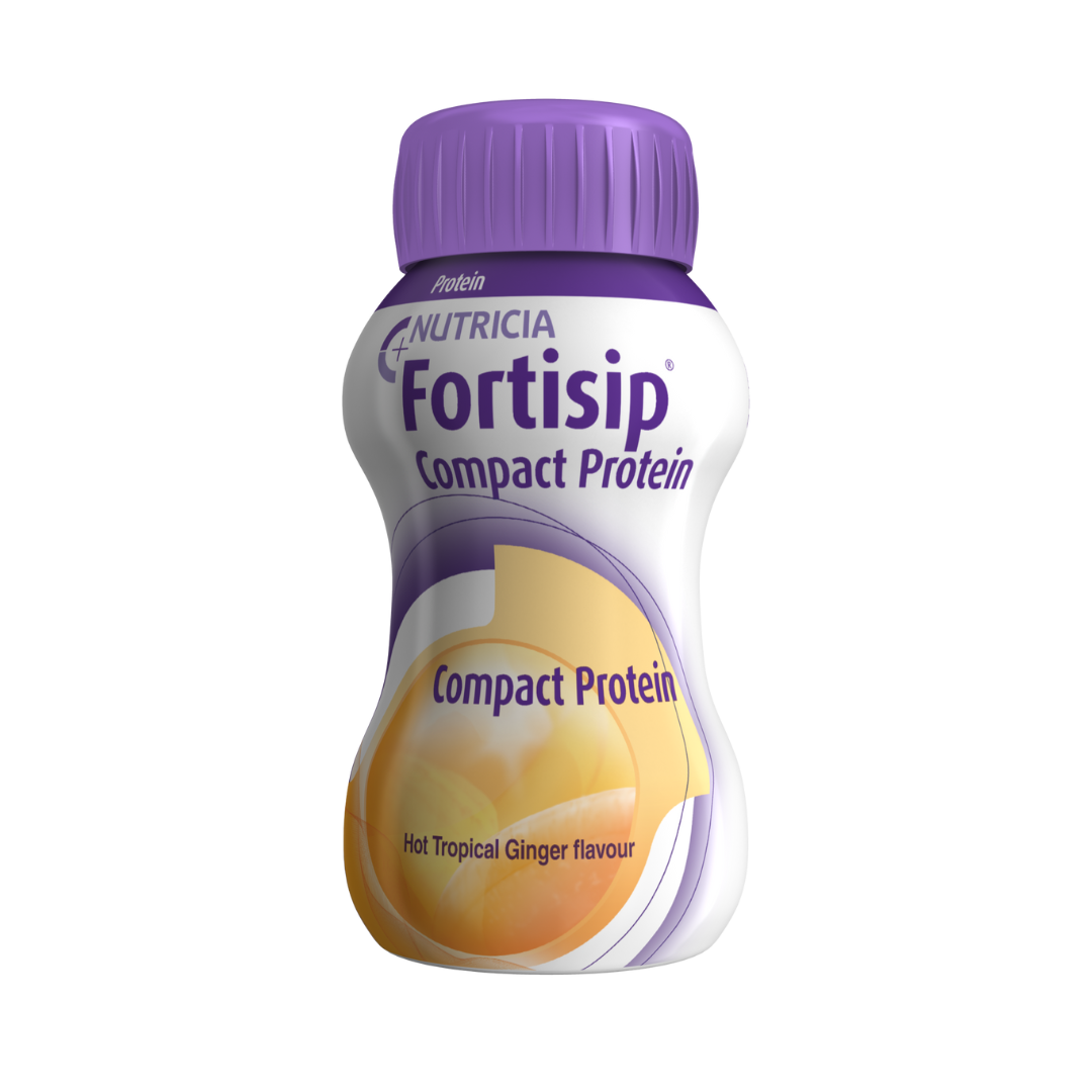 Fortisip Compact Protein Hot Tropical Ginger 125ml – high-protein, high-calorie nutritional supplement designed for recovery and taste sensitivity.