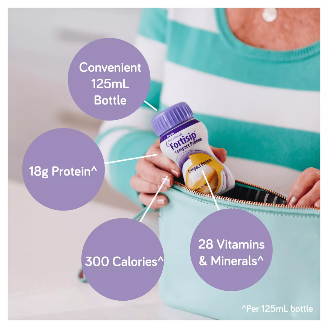 Fortisip Compact Protein Hot Tropical Ginger 125ml – high-protein, high-calorie nutritional supplement designed for recovery and taste sensitivity.