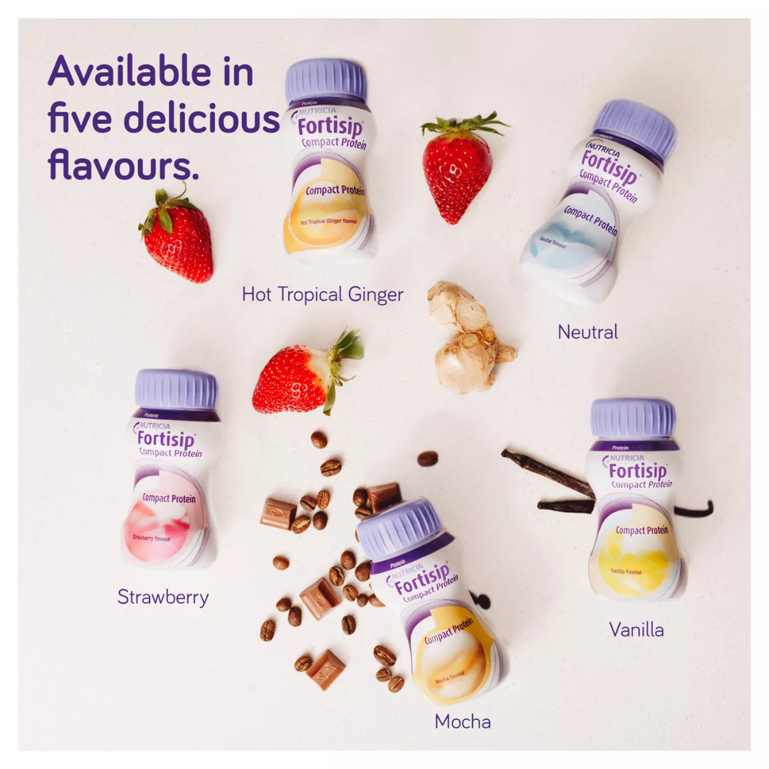 Fortisip Compact Protein Hot Tropical Ginger 125ml – high-protein, high-calorie nutritional supplement designed for recovery and taste sensitivity.