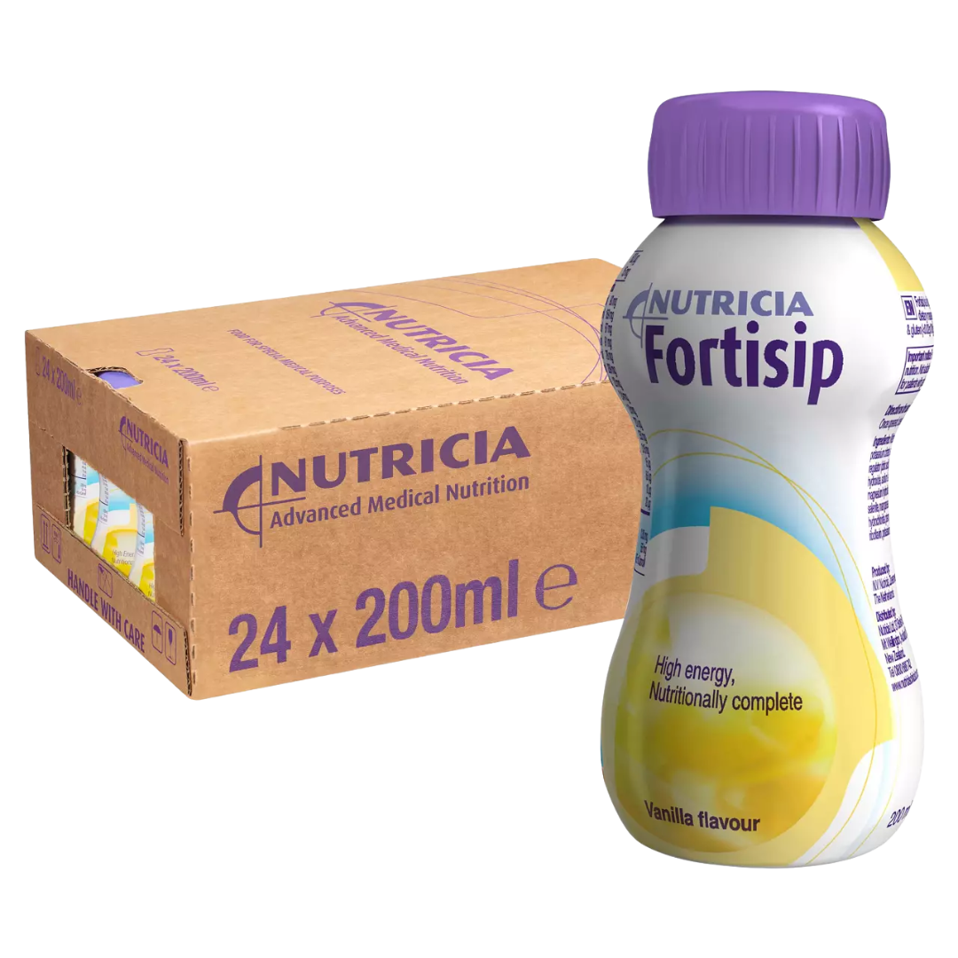 Fortisip Vanilla Nutritional Drink 200ml bottle – high-calorie oral supplement for energy and nutrition support in a creamy vanilla flavour.