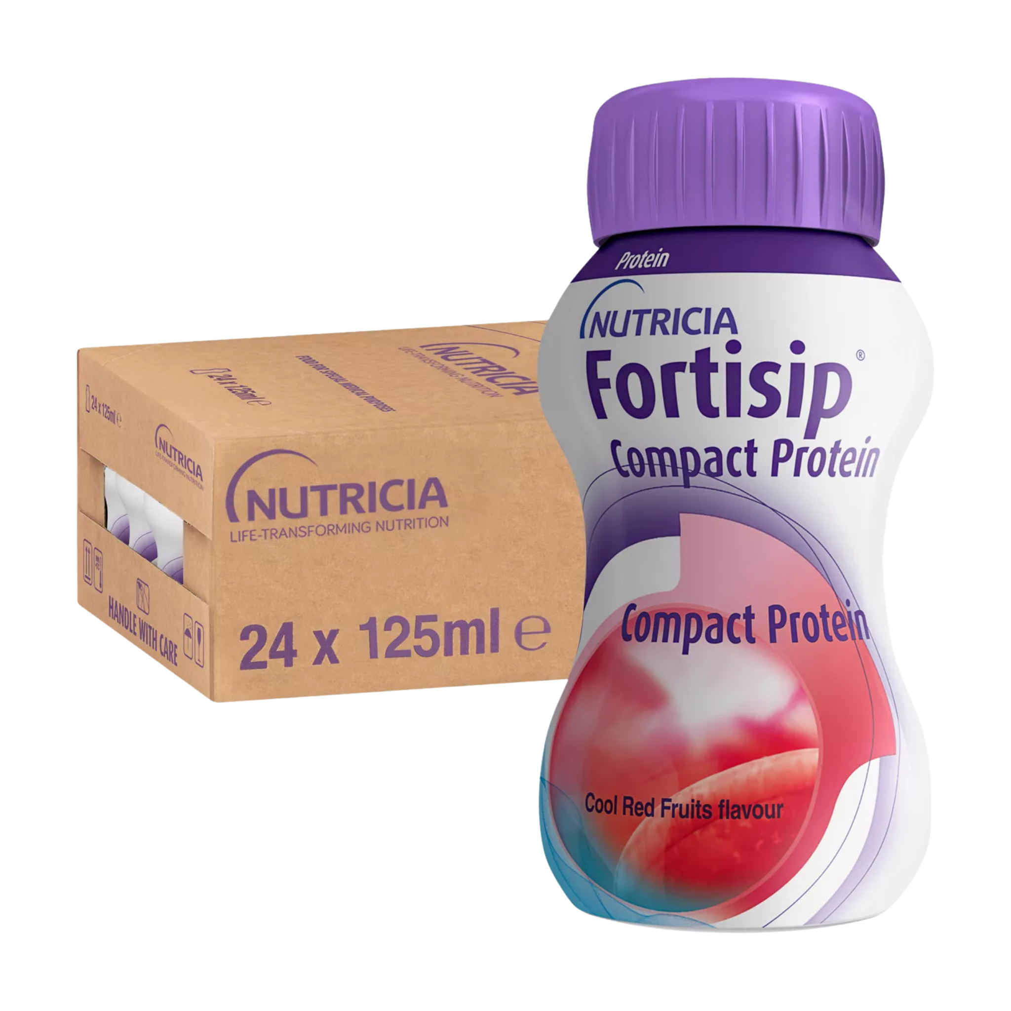 Nutricia Fortisip Compact Protein bottle with packaging on a white background