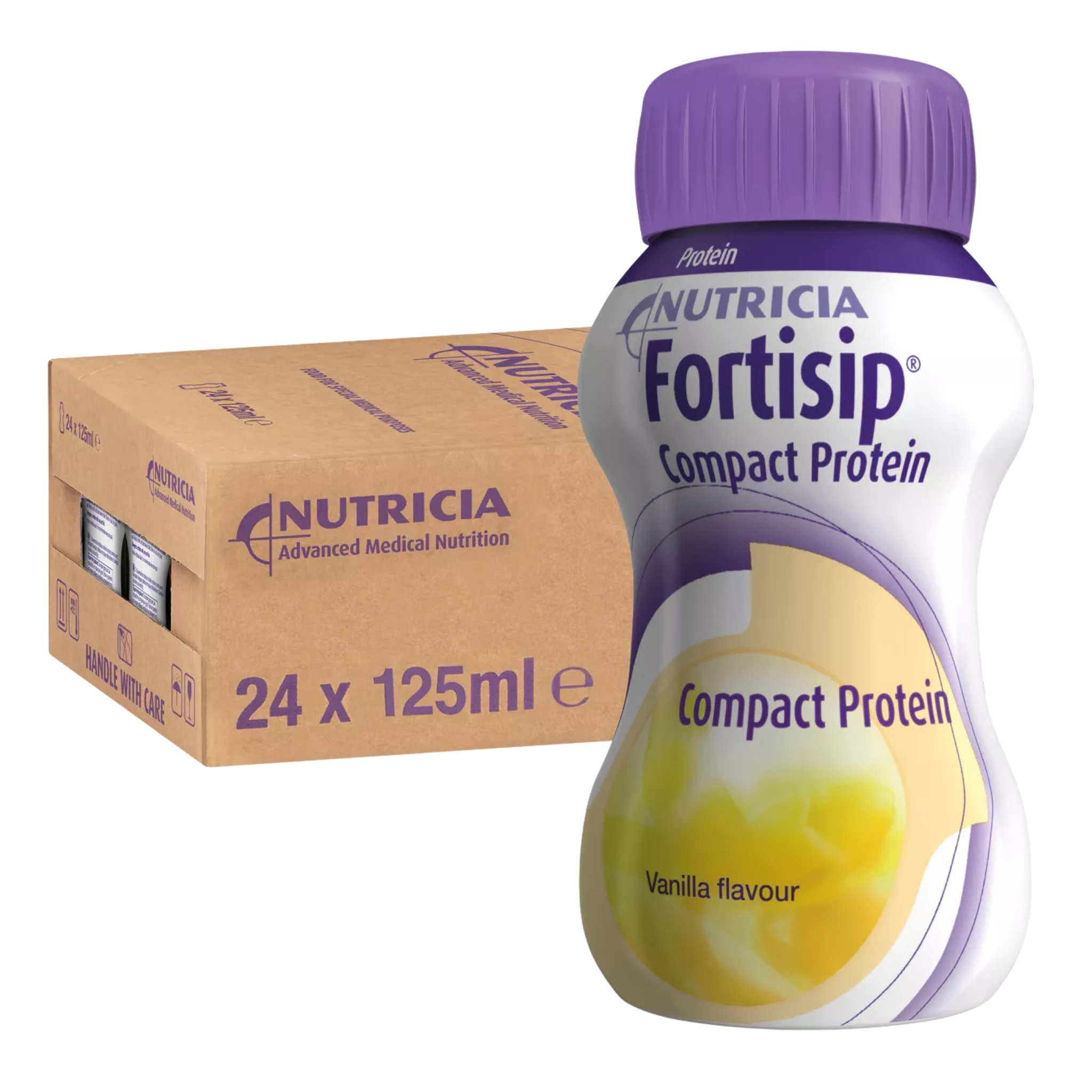 Nutricia Fortisip Compact Protein bottle and box on a white background