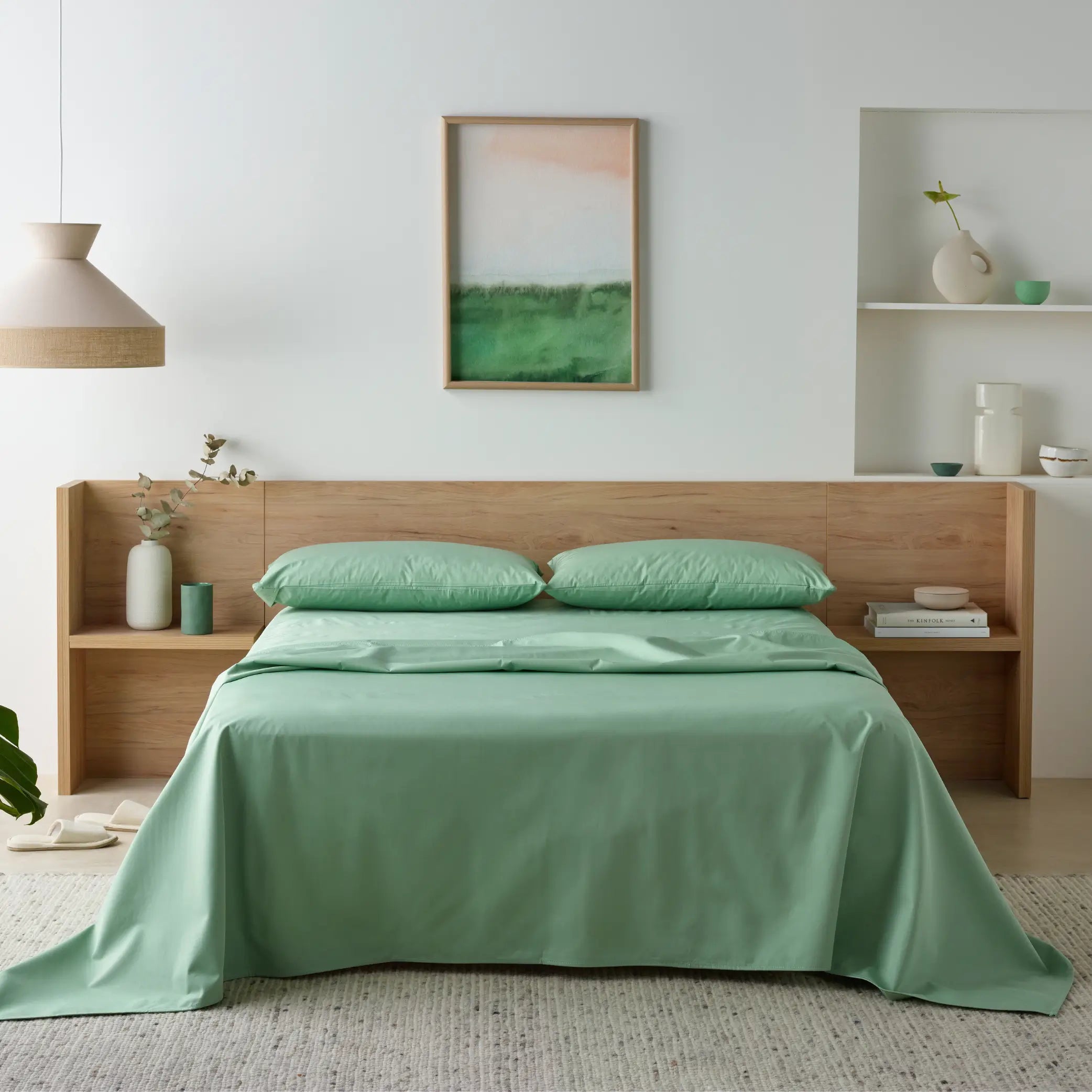 Serene bedroom featuring a green waterproof bamboo fitted sheet Made from ultra-soft, breathable bamboo fabric, these hypoallergenic, moisture-resistant sheets offer luxurious comfort and all-night protection.