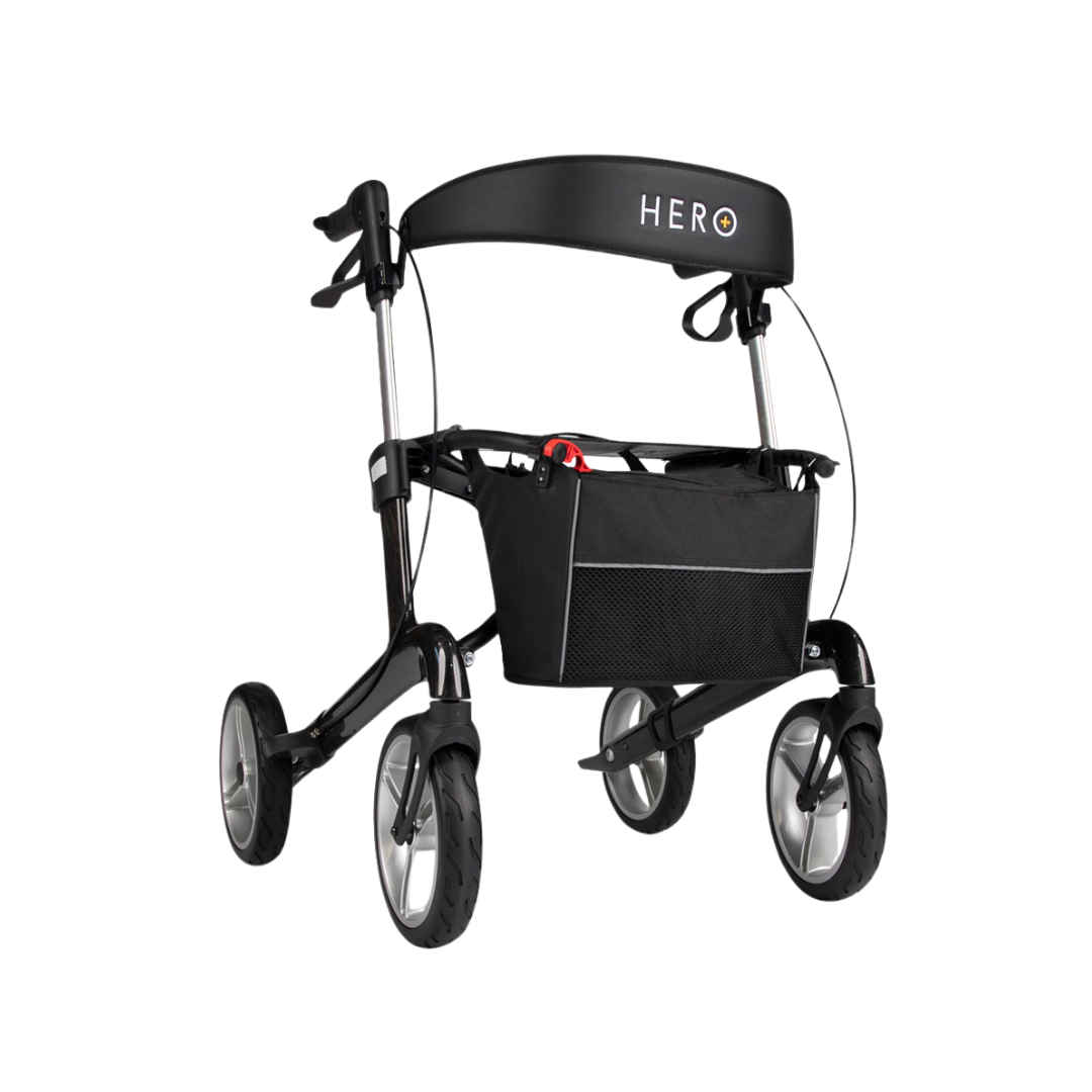 Hero Medical Euro Lite Carbon Fibre Seat Walker with ergonomic handles, padded seat, and foldable frame.