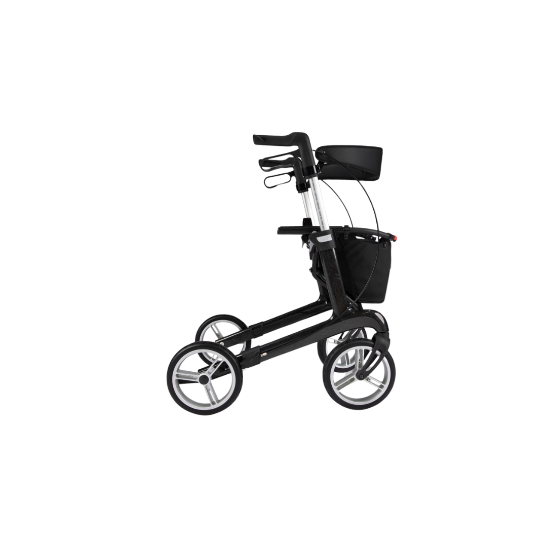 Hero Medical Euro Lite Carbon Fibre Seat Walker with ergonomic handles, padded seat, and foldable frame.