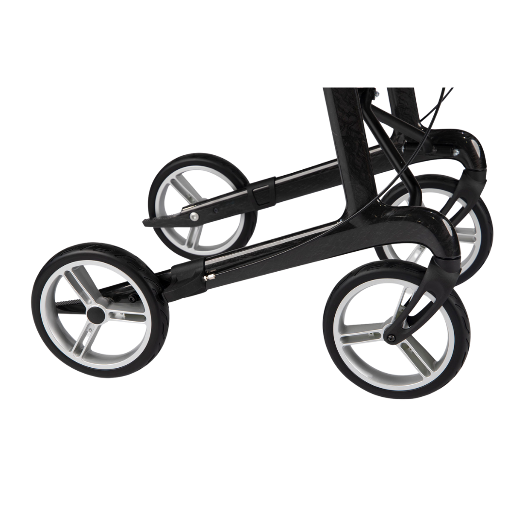 Hero Medical Euro Lite Carbon Fibre Seat Walker with ergonomic handles, padded seat, and foldable frame.