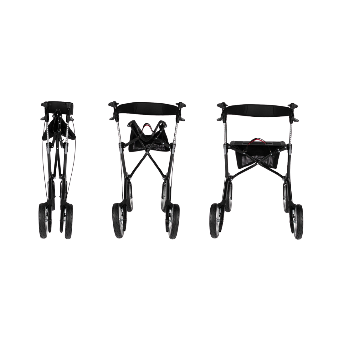 Hero Medical Euro Lite Carbon Fibre Seat Walker with ergonomic handles, padded seat, and foldable frame.
