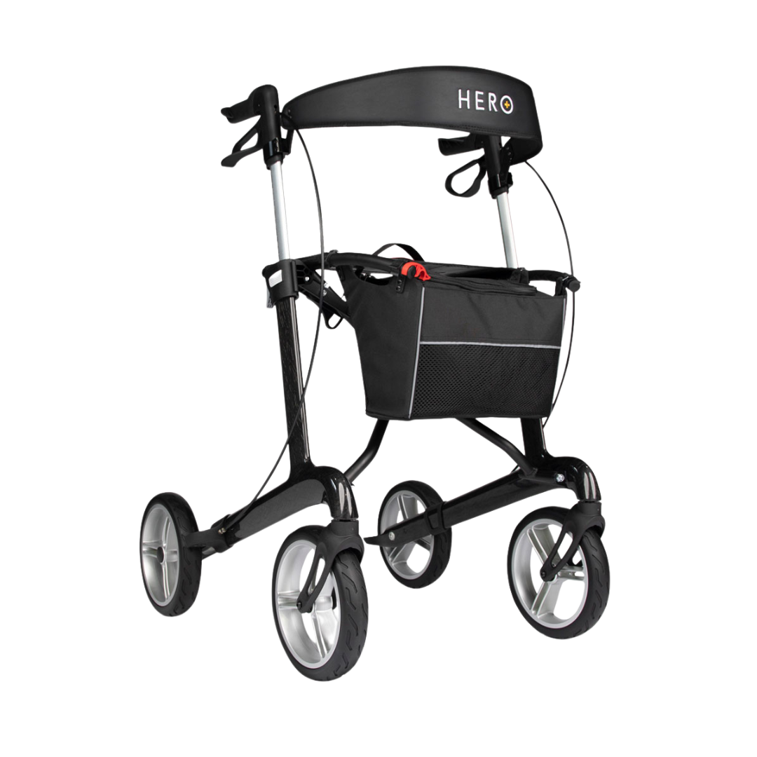Hero Medical Euro Lite Carbon Fibre Seat Walker with ergonomic handles, padded seat, and foldable frame.