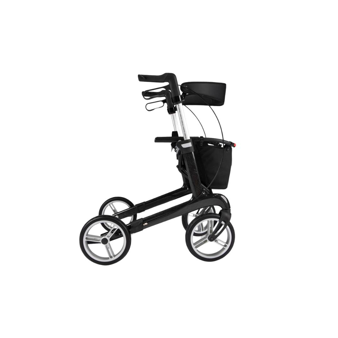 Hero Medical Euro Lite Carbon Fibre Seat Walker with ergonomic handles, padded seat, and foldable frame.