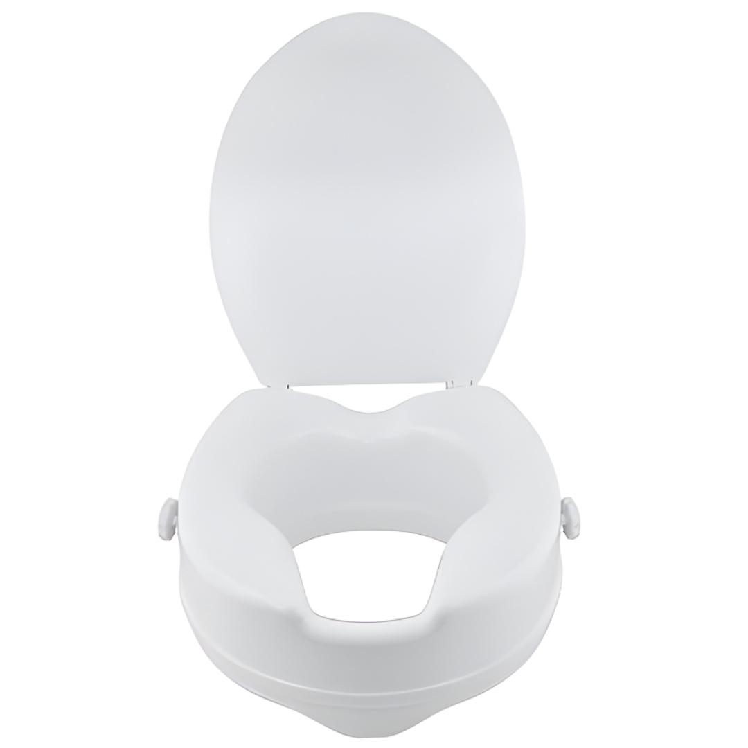 Hero Medical raised toilet seat available in 5cm and 10cm with or without lid, designed to improve bathroom safety and comfort for mobility support.