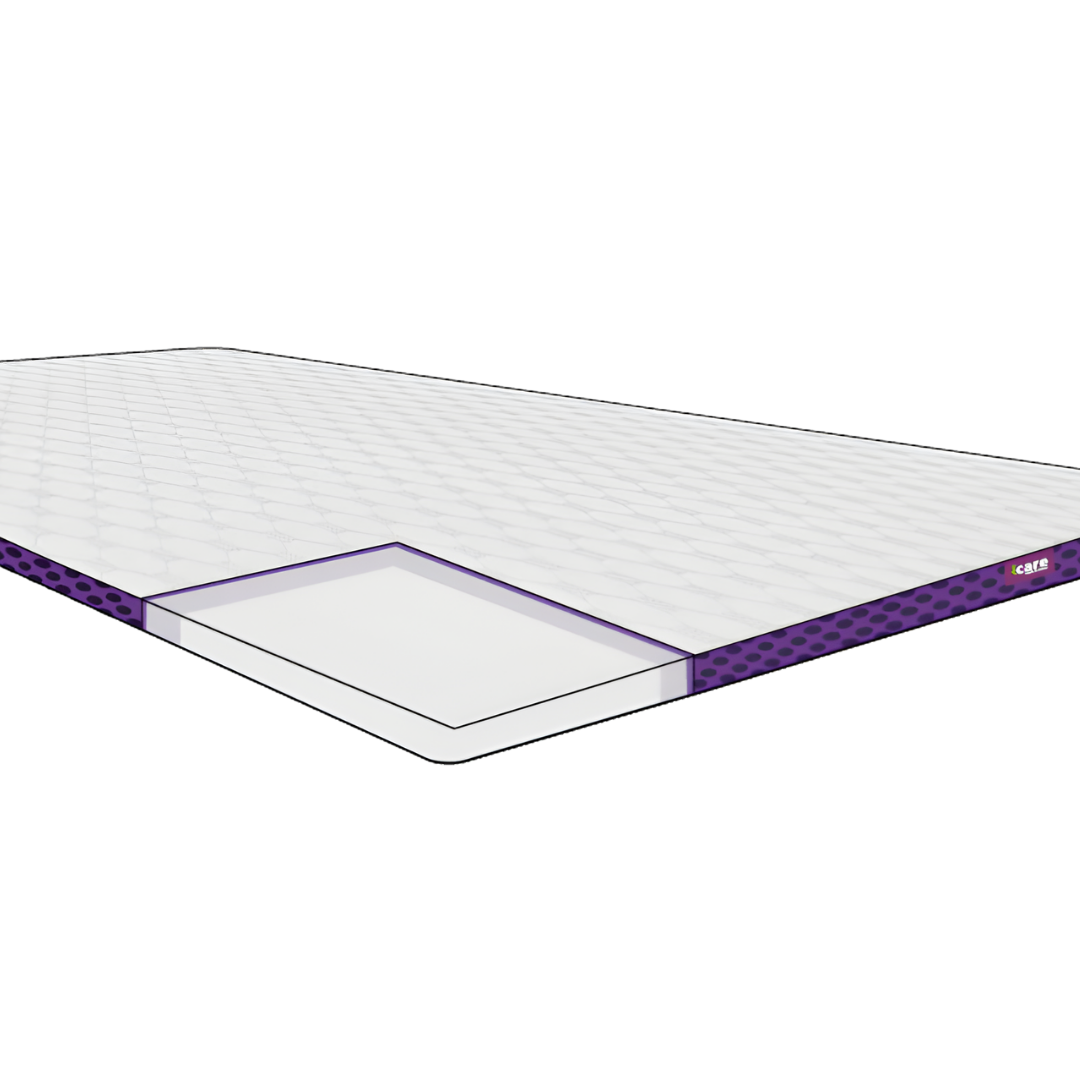 Icare ActiveX Topper Mattress with pressure-relieving foam, washable cover, and non-slip underside, designed to improve comfort and reduce pressure for aged care and in-home recovery settings.