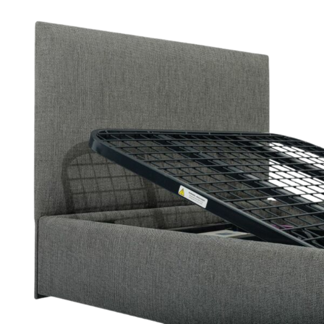 Icare Headboard mounted on an adjustable bed, featuring soft upholstery and pillow retention support for enhanced comfort and bedroom style.