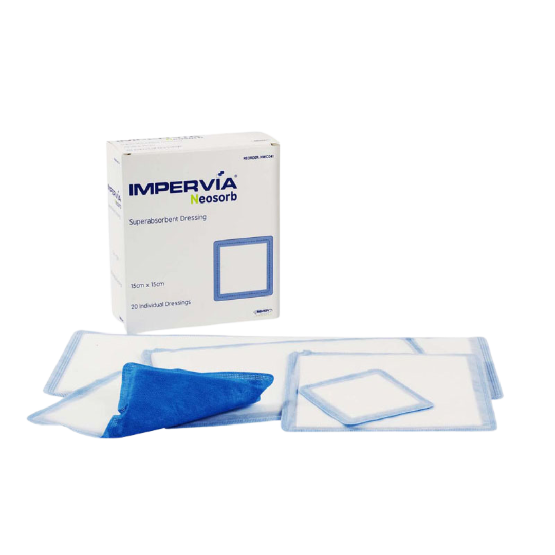 Impervia Neosorb Superabsorbent Dressing in sterile packaging, designed for high-exudate wound care with moisture-locking technology and non-adherent contact layer.