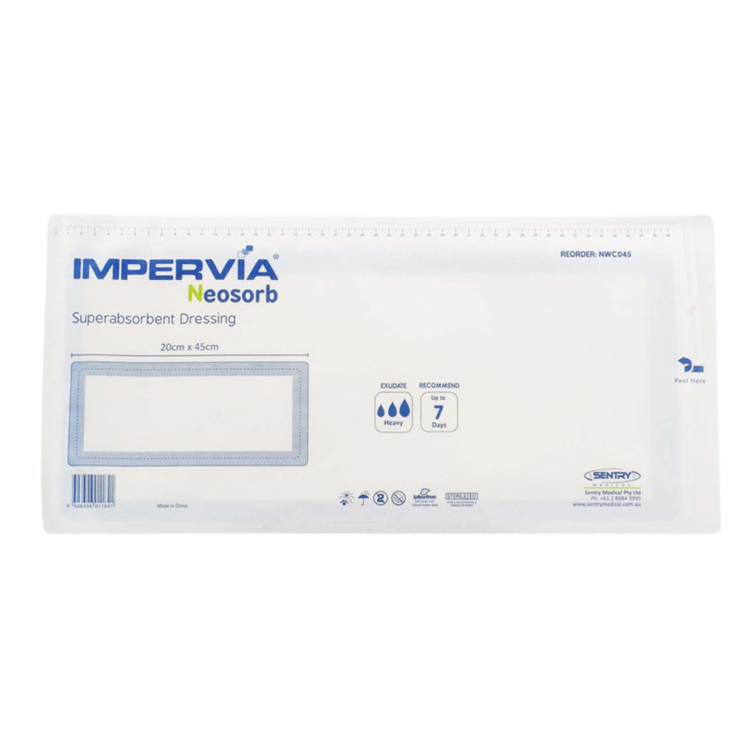 Impervia Neosorb Superabsorbent Dressing in sterile packaging, designed for high-exudate wound care with moisture-locking technology and non-adherent contact layer.