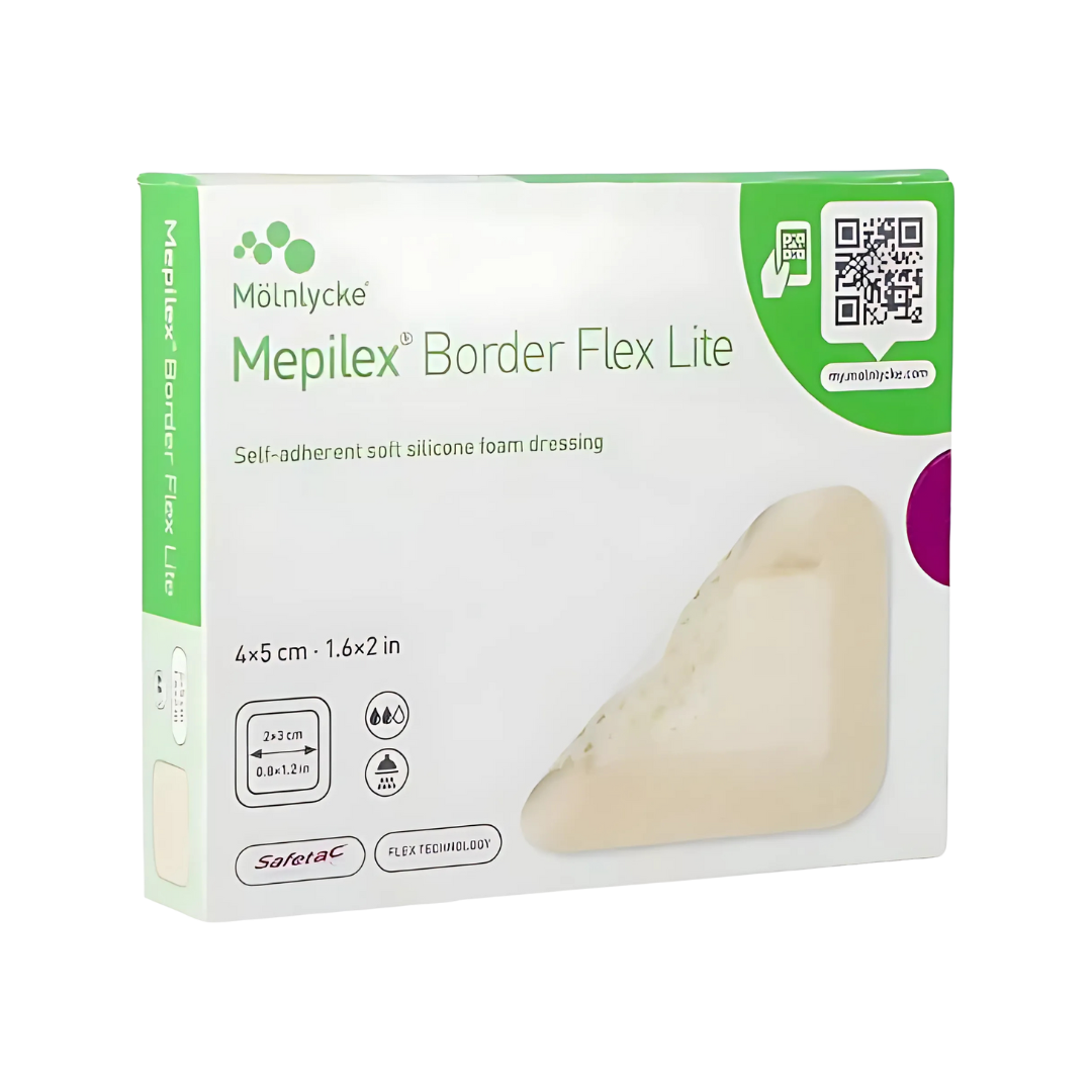 Mepilex Border Flex Lite 4 x 5cm – flexible, low-profile wound dressing for gentle and secure care of small wounds.