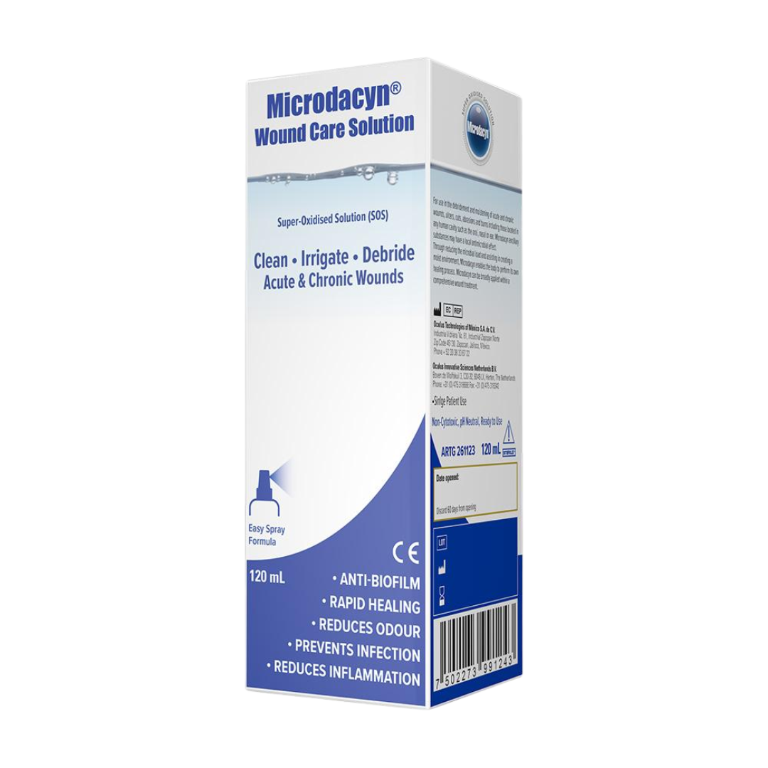Bottle of Microdacyn Wound Care Spray 120mL with spray nozzle, designed for safe, non-toxic cleansing of acute, chronic, and post-surgical wounds.