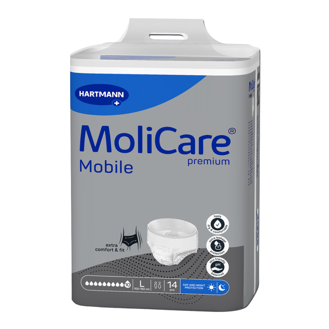 MoliCare Premium Mobile 10 Drops Large – High-absorbency pull-up incontinence pants for severe urinary leakage, with discreet underwear-like fit.