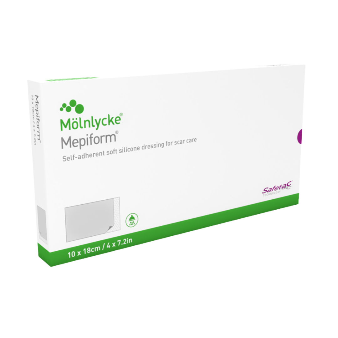Mölnlycke Mepiform - Self-adherent soft silicone dressing for scar care - Box shows 10 x 18cm size - 4 x 7.2 inch - Safetac Technology.