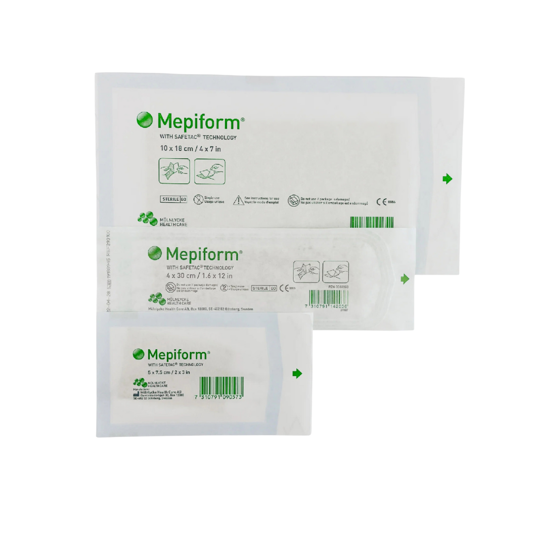 Stacked image showing three Mölnlycke Mepiform dressings with Safetac Technology - Sizes include 10x18cm, 4x30cm, and 5x7.5cm - Sterile and Simple Use icons visible.