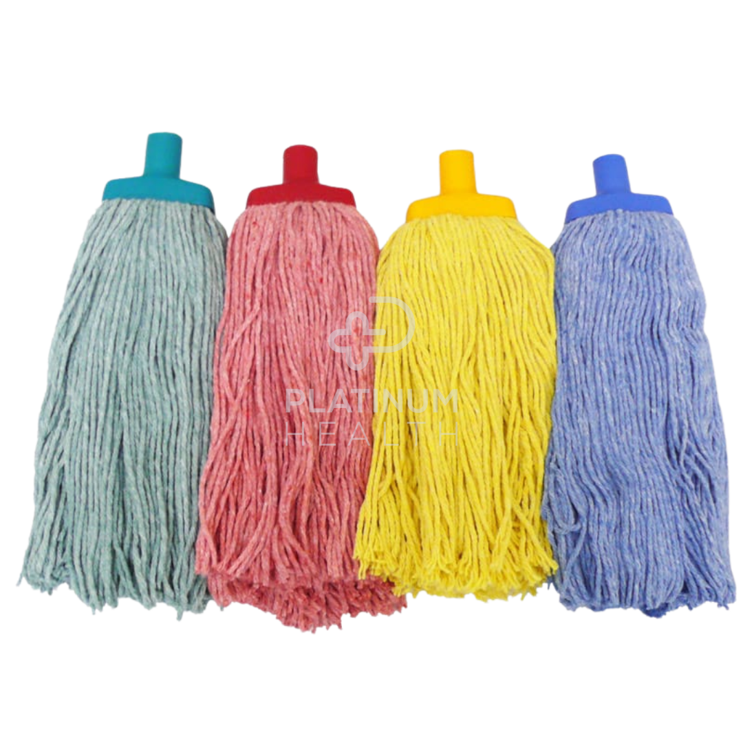 Nab Clean 400g Mop Head in blue, red, gree, and, yellow, featuring high-absorbency cotton for efficient cleaning, universal fitting for standard mop handles, and machine-washable design for durability and hygiene.