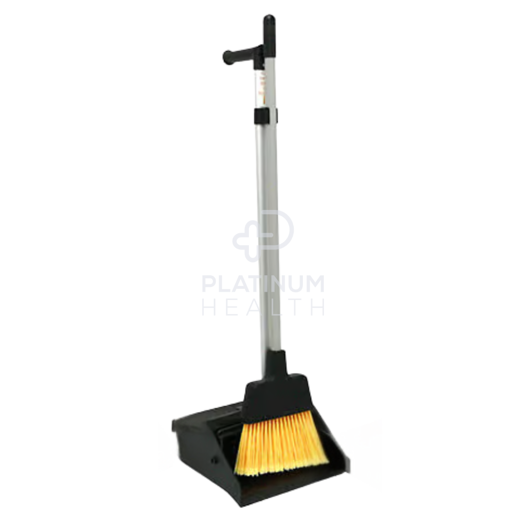 Nab Clean Upright Lobby Dust Pan with Broom in back, featuring an ergonomic self-standing design, angled broom for efficient sweeping, and durable construction for home, office, and commercial cleaning.