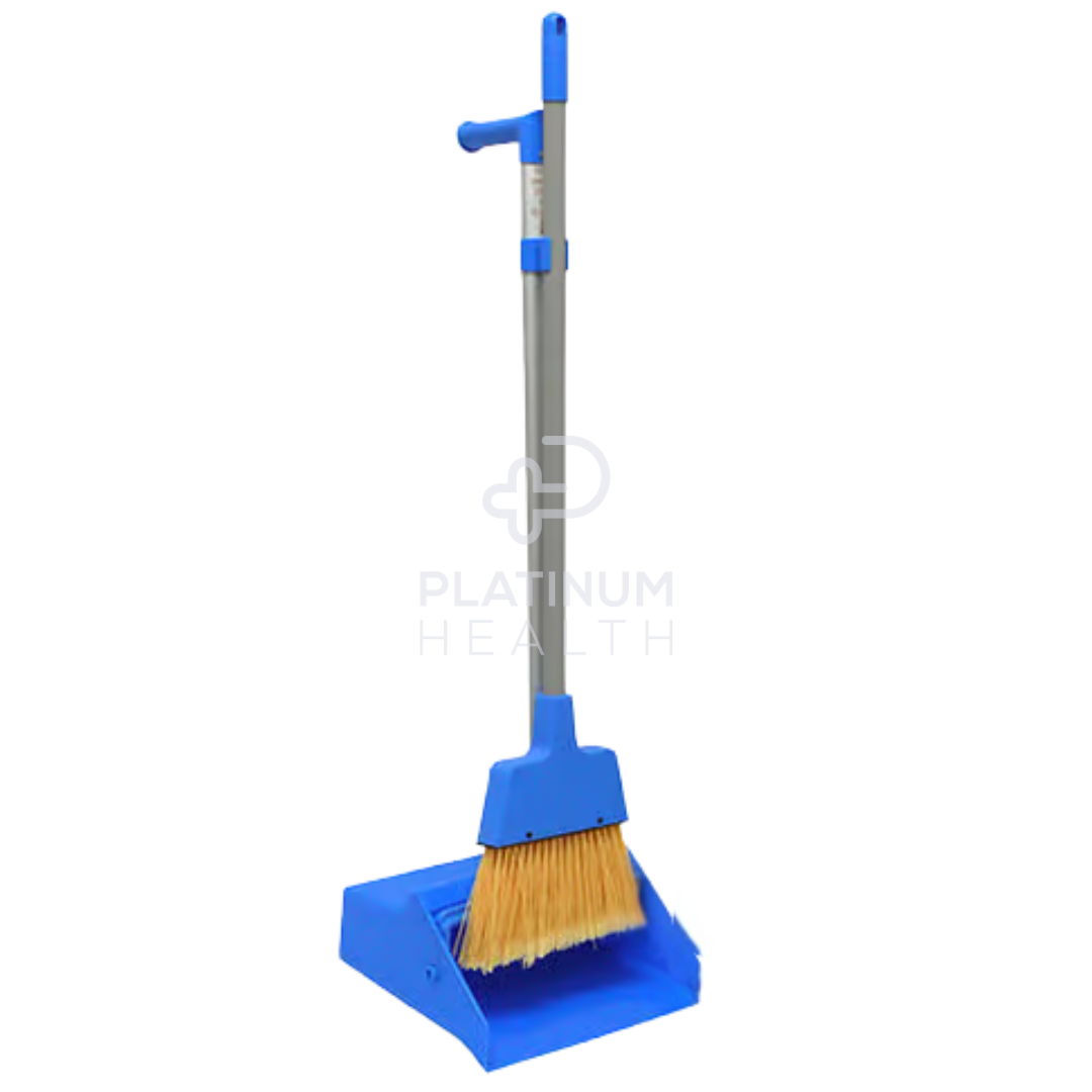 Nab Clean Upright Lobby Dust Pan with Broom in blue, featuring an ergonomic self-standing design, angled broom for efficient sweeping, and durable construction for home, office, and commercial cleaning.