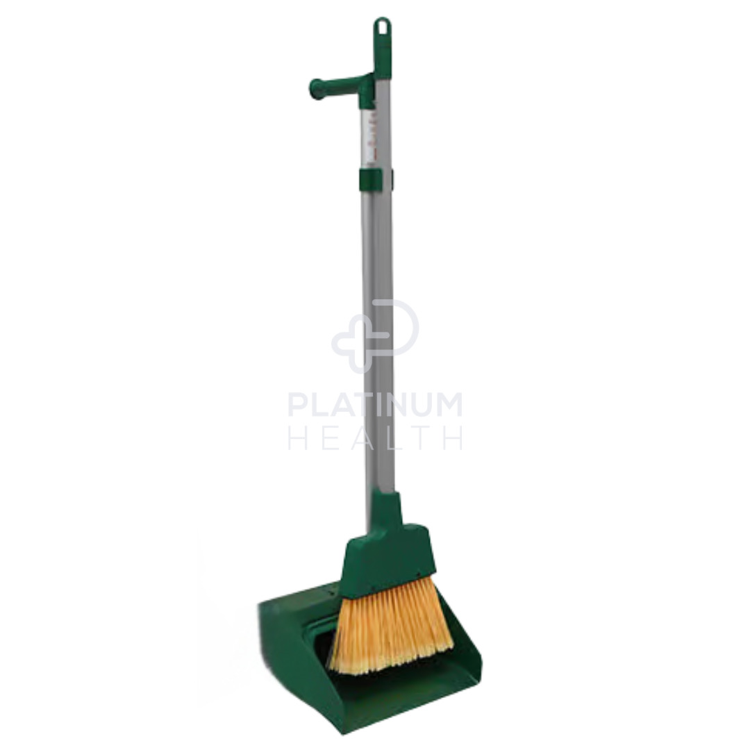 Nab Clean Upright Lobby Dust Pan with Broom in green, featuring an ergonomic self-standing design, angled broom for efficient sweeping, and durable construction for home, office, and commercial cleaning.