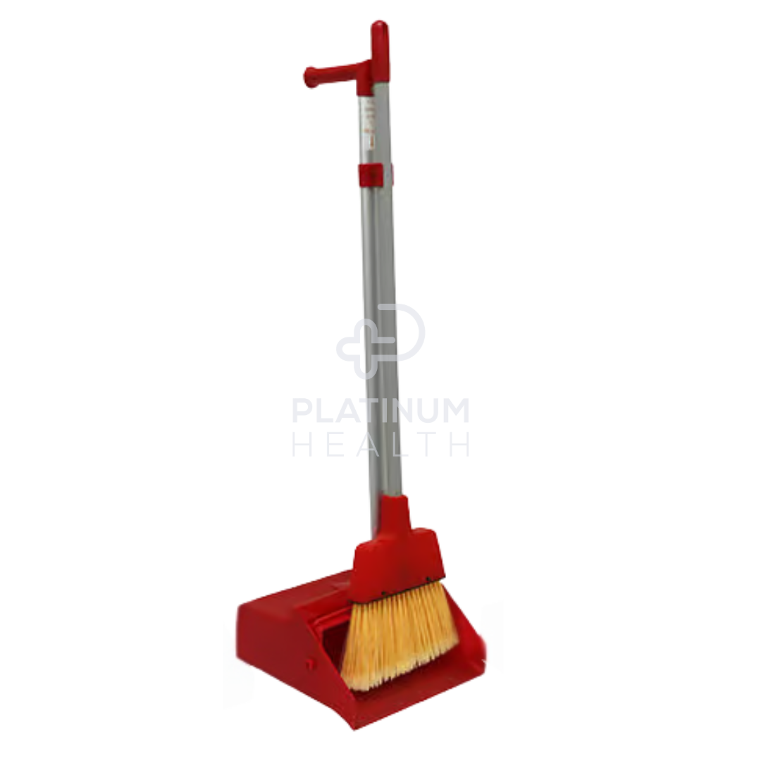 Nab Clean Upright Lobby Dust Pan with Broom in red, featuring an ergonomic self-standing design, angled broom for efficient sweeping, and durable construction for home, office, and commercial cleaning.
