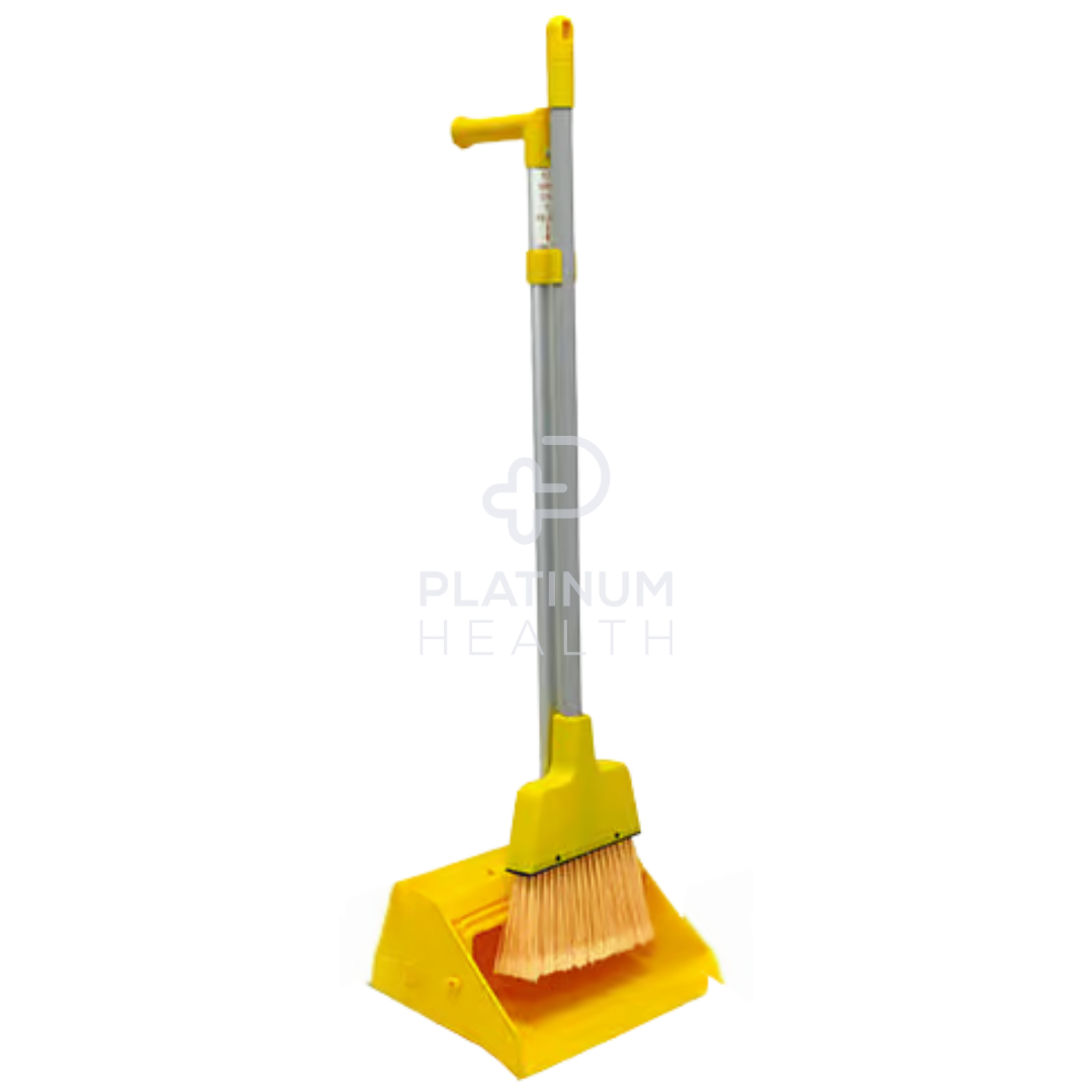 Nab Clean Upright Lobby Dust Pan with Broom in yellow, featuring an ergonomic self-standing design, angled broom for efficient sweeping, and durable construction for home, office, and commercial cleaning.