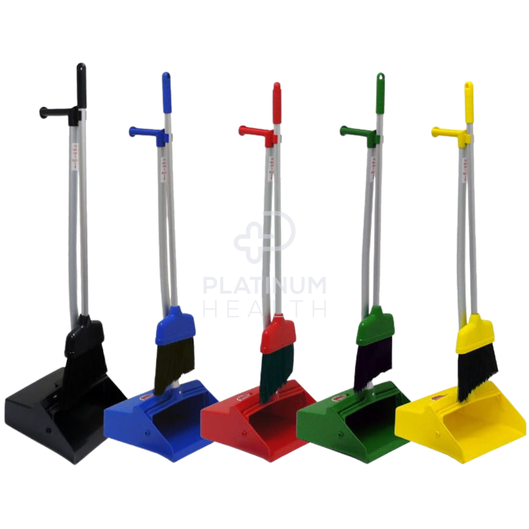 Nab Clean Upright Lobby Dust Pan with Broom in blue, yellow, red, black, and, green, featuring an ergonomic self-standing design, angled broom for efficient sweeping, and durable construction for home, office, and commercial cleaning.