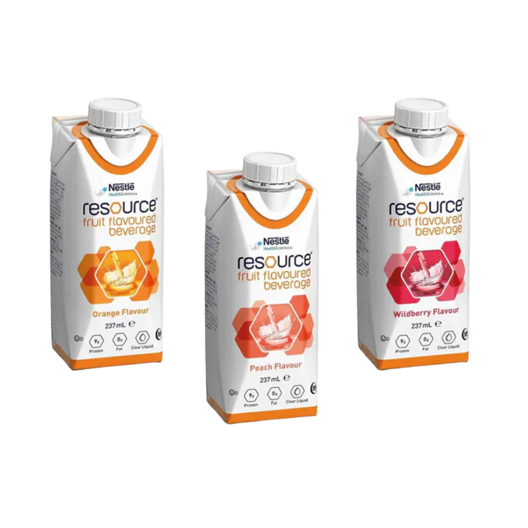 Nestlé Resource Fruit Beverage Prism 237ml – fat-free, high-protein nutritional supplement in fruity flavours for clear fluid diets and malnutrition support.