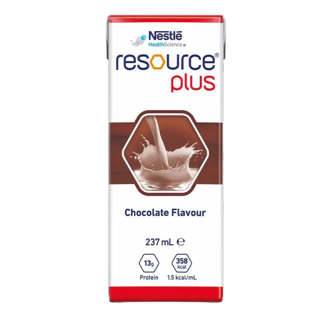 Nestlé Resource Plus Chocolate Prism 237mL bottle, a high-calorie, high-protein oral nutritional supplement with chocolate flavour, designed for recovery, aged care, and clinical nutrition support.