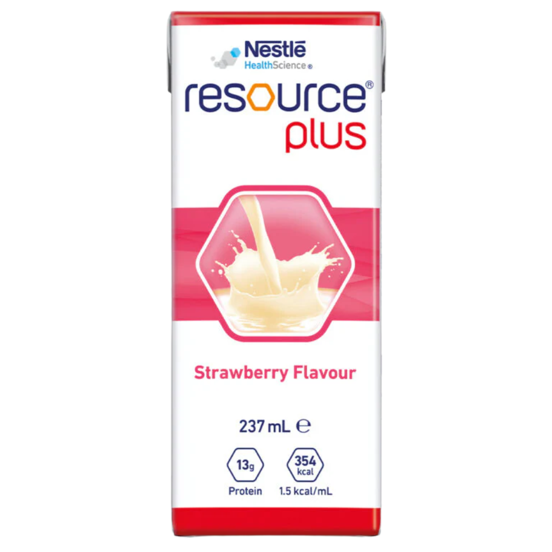 Nestlé Resource Plus Strawberry Prism 237mL bottle, a high-protein, high-energy nutritional drink with strawberry flavour, designed for recovery, aged care, and clinical nutrition support.